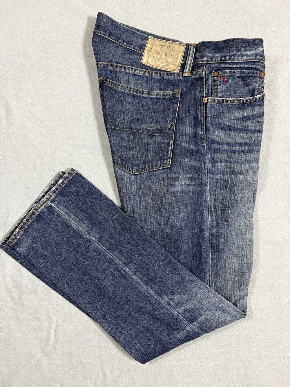 Polo Ralph Lauren 018 Slim Straight Jeans Medium Wash Distressed 35x30 Denim RL